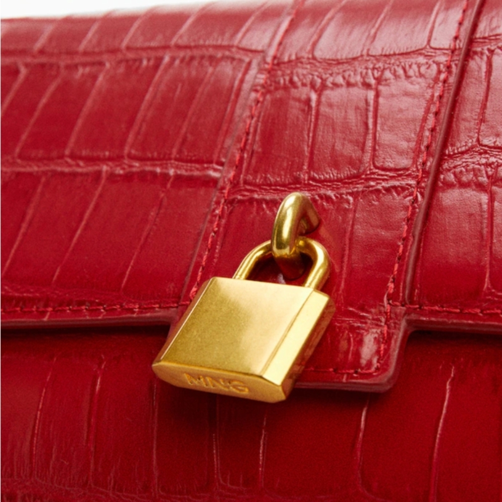 Mango Red Croc-Embossed Bag with Gold Lock